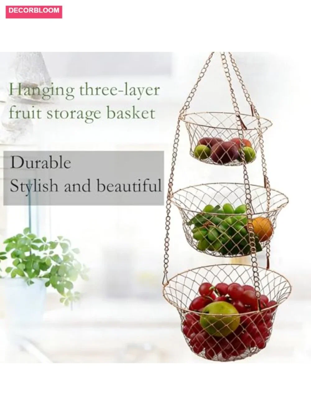 3-Tier Copper Hanging Basket Foldable Rust-Resistant Kitchen Fruit Veggie
